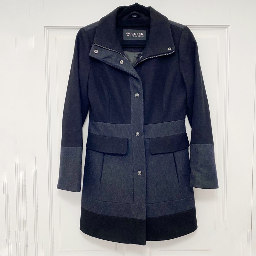 Guess Dress Coat Black Grey Wool Blend Fully Lined Small